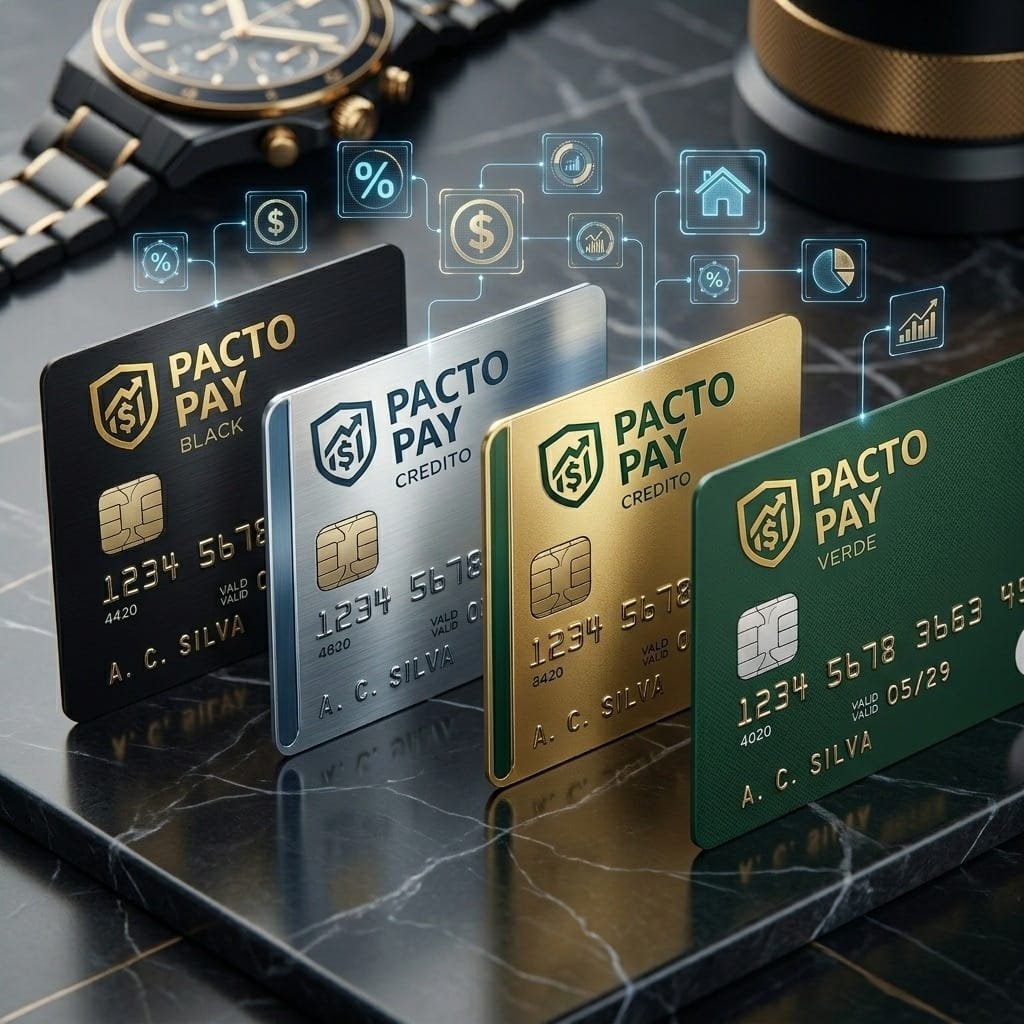 Cartões Pacto Pay — Black, Crédito, Ouro e Verde sobre mármore