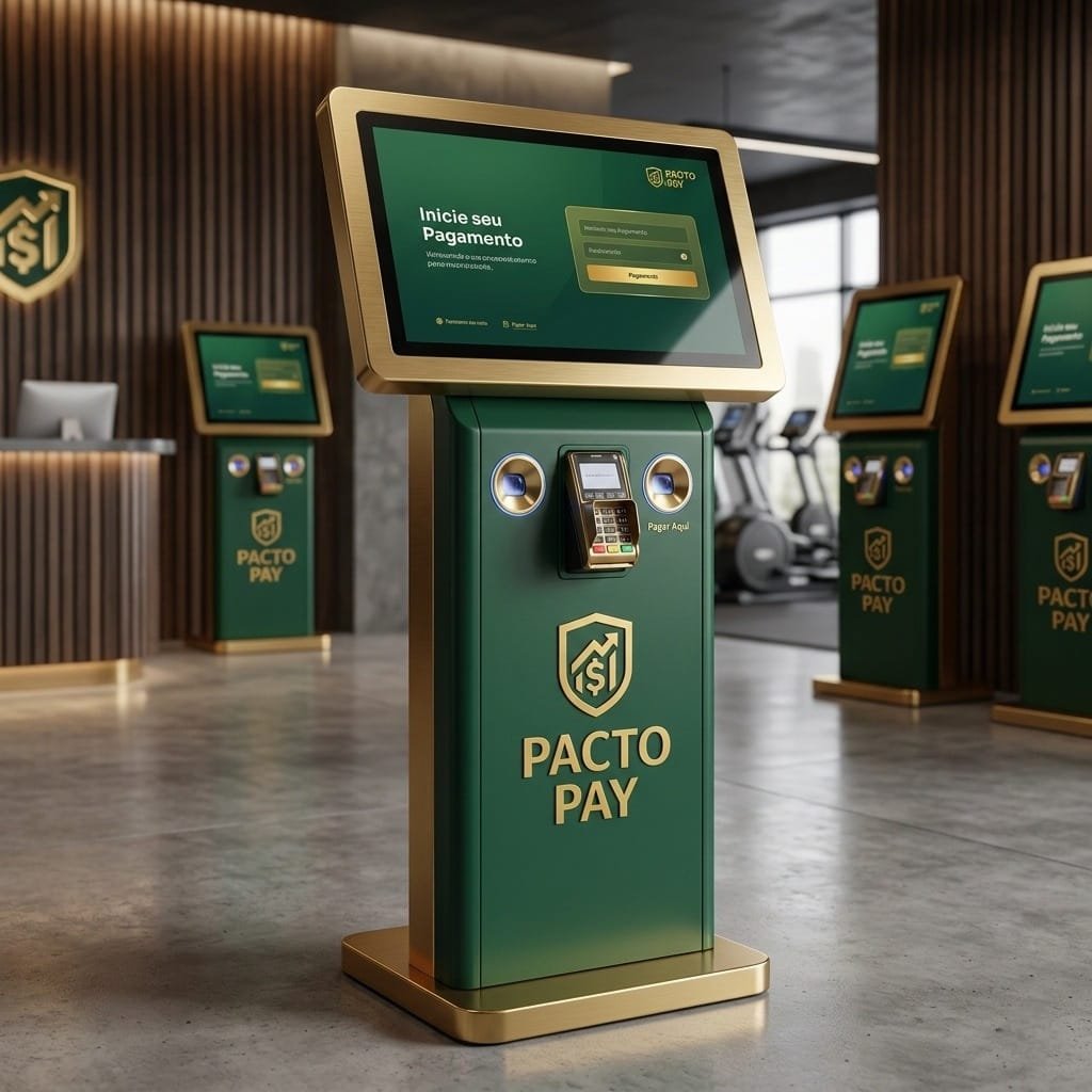 Totem Pacto Flow de autoatendimento verde e dourado